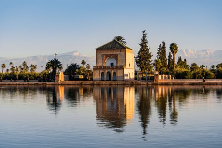 Saadian pavilion,Menara gardens and Atlas in Marrakech, Morocco,
